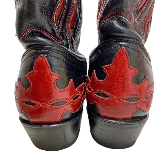 Vintage Dan Post Black Leather Red Inlaid Leather Cowgirl Boots - Picture 11 of 12